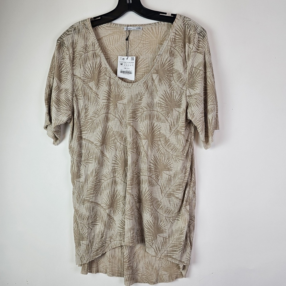 Zara NWT Top Womens M Beige Palm Leaf V Neck Shirt Tropical Beach Lightweight SS